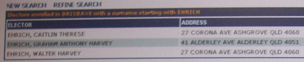 Image from the PUBLIC Australian Electoral Roll of the full name of Walter Harvey Ehrich, the full name, OF Caitlin Therese EHRICH, the other person going by the surname of Ehrich both living at the address of 27 Corona Avenue, Ashgrove, Queensland 4060.