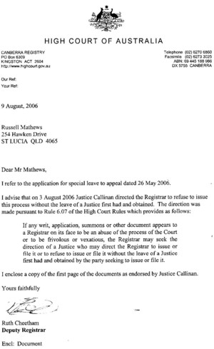 HCA letter re Callinan J direction.