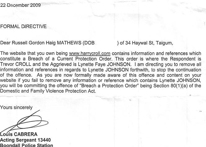 Formal Police Directive from Poofta parasite Pig Louis Jesus Cabrera To Russell Mathews Re Website HarryCroll.com domestic violence order Trevor Croll and Lynettte Faye Johnson