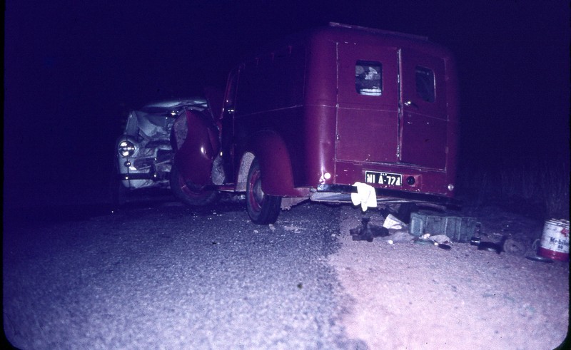 The two vehicles, a Ford Zephyr MarkI sedan and an International Panel Van,  not moved since the impact that killed Mrs Susan Mary McVean ne Byers, taken at the place of the collision about 200yards on the Townsville side of Chinaman Creek [aka Third Creek - ie the 3rd creek from All Souls School] on the then, in 1961, named Charters Towers Townsville roadway, now, in 2009 known as the Flinders Highway, and that was about 5 miles on the Townsville side of Charters Towers, and which collision occurred at about 9:45pm on the 23rd November, 1961.