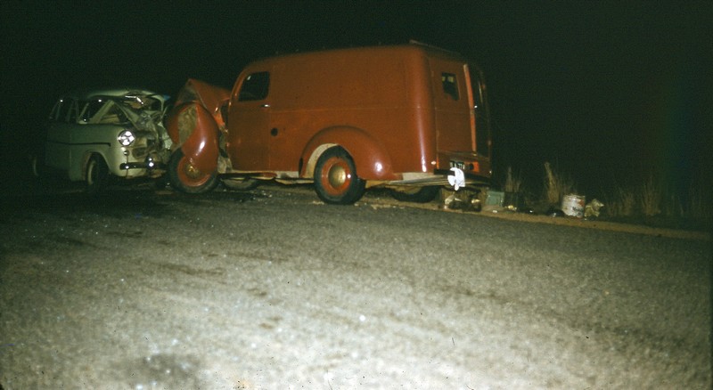 The two vehicles, a Ford Zephyr MarkI sedan and an International Panel Van,  not moved since the impact that killed Mrs Susan Mary McVean ne Byers, taken at the place of the collision about 200yards on the Townsville side of Chinaman Creek [aka Third Creek - ie the 3rd creek from All Souls School] on the then, in 1961, named Charters Towers Townsville roadway, now, in 2009 known as the Flinders Highway, and that was about 5 miles on the Townsville side of Charters Towers, and which collision occurred at about 9:45pm on the 23rd November, 1961.
